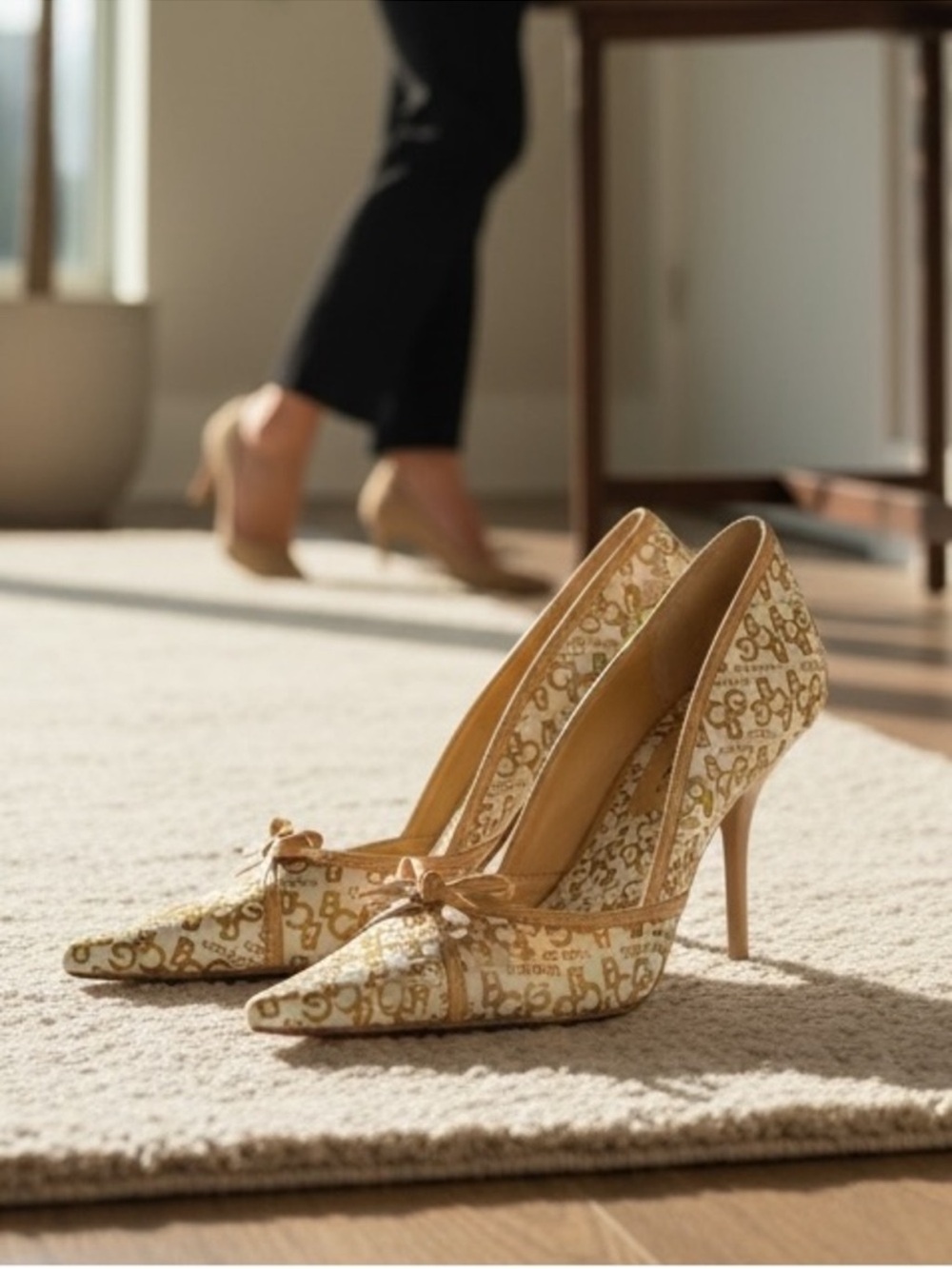 BCBGirls Tan Patterned Pointed-Toe Heels with Bow Accent